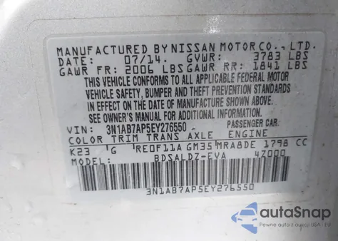 2014 Nissan Sentra Sv from USA, damaged, VIN 3N1AB7AP5EY276550